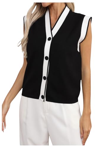 Image of MakeMeChic Women's Contrast Binding Sweater Vest V Neck Button Down Sleeveless Sweater Cardigan Knitwear Black and White X-Large