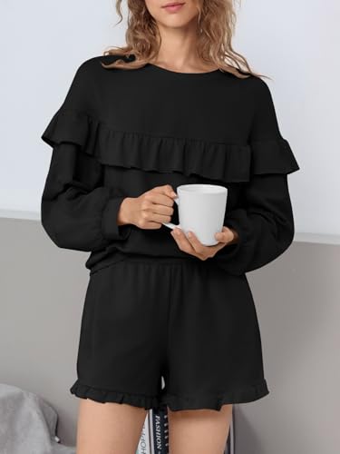 Tankaneo Womens 2 Piece Lounge Sets Ruffle Long Sleeve Sweatshirt High Waisted Shorts Sets Casual Sleepwear Loungewear3