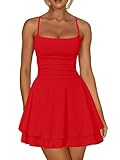 Kaximil Women's Sexy Ruffle Mini Dress Spaghetti Strap Ruched Corset Party Club Short Dresses, Medium, Red