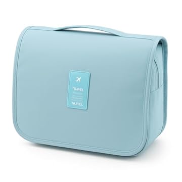 Bolsa Necessaire Maquiagem Cosméticos Feminina Com Divisória e Cabide para Pendurar Organizador de Maquiagem Muito Espaço para Maquiagem Shampoo Perfumes Higiene Pessoal Viagens (Azul Claro)