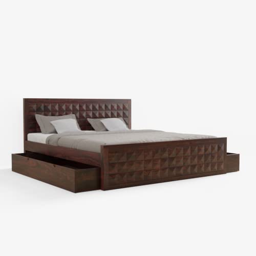 Image of Solid Wood King Size Bed for Bedroom | Wooden Furniture Crafted from Premium Sheesham Wood | Elegant Bedroom Double Bed with 2 Drawer Storage | Walnut Finish (82X75X42 Inches)