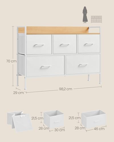 SONGMICS Chest of Drawers for Bedroom, 5 Fabric Drawers with Handles, Storage Organiser Unit, for Living Room, Hallway, Steel Frame, Cloud White and Oak Beige LTS135W01