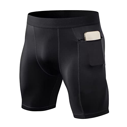 TERODACO Compression Shorts Men Zip Pocket Sweat Wicking Running Shorts Men Soft Stretchy Gym Shorts Men Anti Chafing Underwear for Cycling Sports Workout, Breathable Quick Dry 11407 Black S