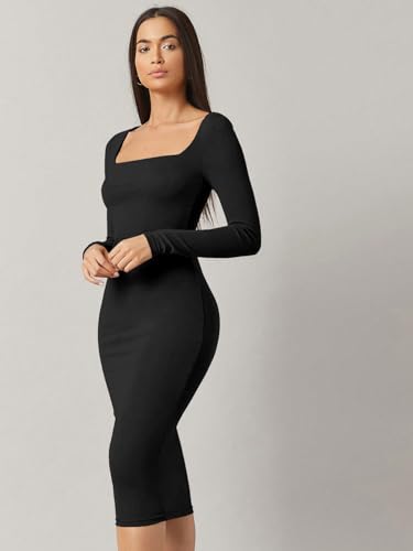 Image of Aahwan White Solid Square Neck Solid Midi Bodycon Dress for Women's & Girl's