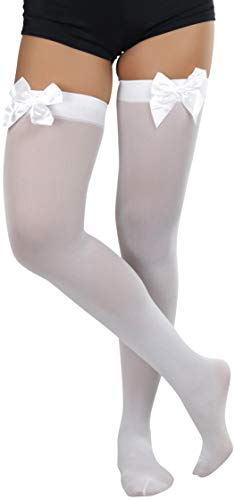 Image of ToBeInStyle Women's Opaque Long Thigh High Stockings w /Decorative Front Satin Bow