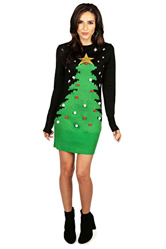 Tipsy Elves Black and Green Ugly Christmas Tree Sweater Dress from for Women Size Small