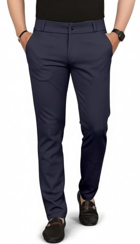 Image of Mehrang Men's Slim Fit Casual Mid Rise Trousers, Cotton Blend, Side Pockets || Classic Slim Fit Chino Pants || Business Casual Dress Trousers