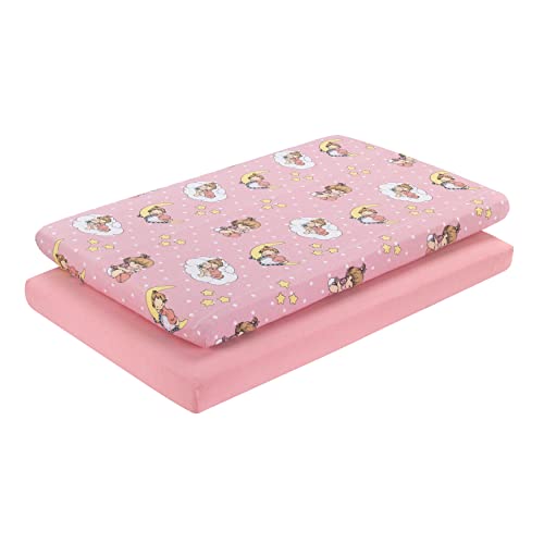 Image of 2 Pack n Play Mattress Sheets - 100% Jersey Knit Cotton Soft Portable Crib Mattress Sheet for Girls with Pink and Yellow Precious Moments Design; 2 Pk Playpen Mattress or Mini Crib Fitted Sheet Set