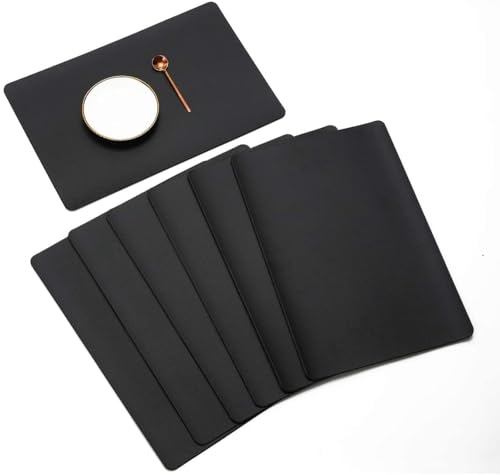Vinjiasin Placemats Set of 6 Black Leather Place Mats Kitchen Dining Table Mats for Indoor Outdoor Waterproof Washable Sturdy Heat Resistant Reversible Easy to Clean