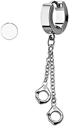 Dangling Handcuffs Chain Huggie Hoop and Illusion Plug Stud Silver Tone Stainless Steel Earrings image 2