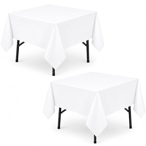 Image of 2-Pack 60x60 inch White Table Cloths, Solid Stain and Wrinkle Resistant Tablecloth, Premium Plain Weave Polyester Fabric Rectangle Table Linen Covers for Hotel, Banquet