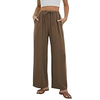 Stamain Pantalon Lin Femme Été Casual Mode Fluide Pantalons Coton Chic Taille Elastique Plage Pants avec Poches Vert Brun 3XL
