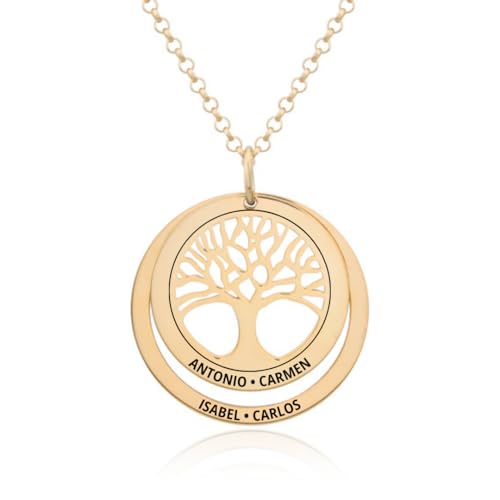 Collar Árbol de la Vida en Plata de Ley 925 personalizable. Cadena de 45cm. Regalo ideal madre abuela con nombres familia. Cumpleaños, Navidad. Hecho en España. (Collar Árbol de la Vida + 1 Aro Oro)