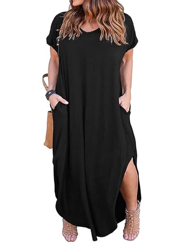 Image of Kancystore Women's Plus Size Dresses Summer Short Sleeve Long Maxi Dress | Plus Size V Neck Casual Beach Dresses with Slits, Short Sleeve Backless Loose Flowy Summer Dress, Party Cruise Resort Wear