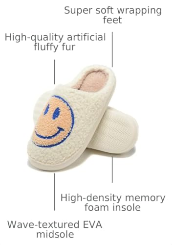 Image of Retro Fuzzy Face Slippers for Women Men, Retro Soft Fluffy Warm Home Non-Slip Couple Style Casual Smile Face Slippers Indoor Outdoor Anti-Skid Warm Cozy Foam Slide Fuzzy Slides with Soft Memory Foam Shoes