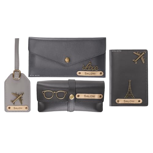 Image of AICA Personalised Name & Charm Womens Leather Combo Gift Set (Grey) | Gifts for Women| Customised Gift Hamper for Woman