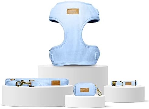 Luxury Dog Banks Harness Set in Light Blue – Light Blue Corduroy Padded Harness, Collar, Leash and Poop Holder Set Fits Small, Medium and Large Sized Dogs Free Poop Bag (L)