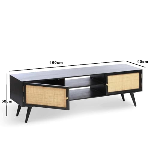 Image of THE WOODEN CITY Rattan Solid Wood Tv Unit | Cabinet for LED LCD | Spiral Carving Cane TV Stand for Living Room and Bedroom | Pure Mango Wood, Natural Matt Finish | Size - 160 x 40 x 50cm