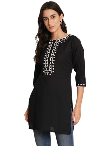 Image of Brownverse Pure Cotton Embroidered Women Short Kurti