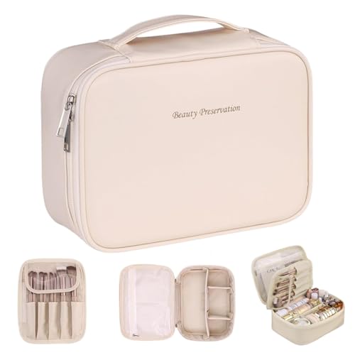 Neceser para Mujer, Grande Neceser de Viaje Impermeable con Compartimento para Brochas, Bolsas de Aseo, Bolsa de Maquillaje (Beige)