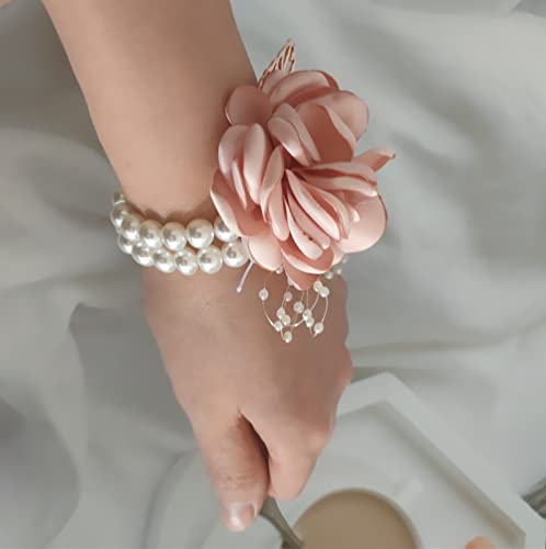 Jilukibo Pink Rose Flower Bridesmaid Wrist Corsage for Dance Party Wedding Ball Prom, Rhinestone Bridal Hand Ribbon Flower Suit Pearl Bracelet Decor Accessories (1 Pack)