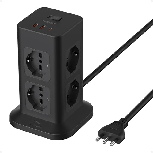 TESSAN Ciabatta Multipresa con USB 20W, Ciabatta Elettrica con 8 Prese IT, Torretta Multipresa Protezione Sovratensione con Interruttore e Prolunga Elettrica 2 Metri, Presa Multipla Salvaspazio, Nero