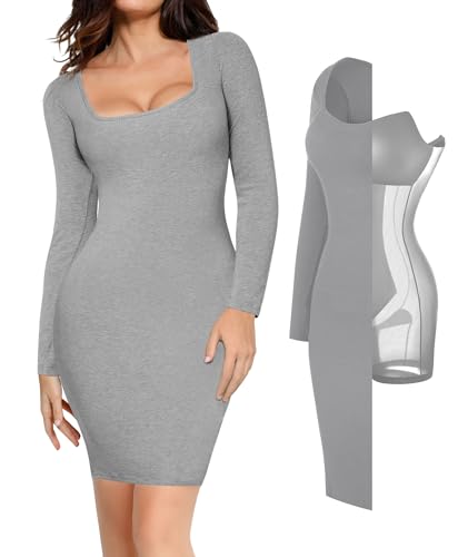 Image of Popilush Long Sleeve Midi Dresses for Women, Built-in Bra Shapewear Dress | Bodycon, Tummy Control, Square Neck, Cocktail Party and Dinners
