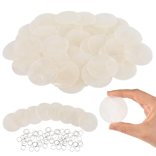 Hanycon 50pcs Round Shell Slice, 2 inch Round Capiz Shells with 2 Holes Natural Capiz Sea Shells for Wind Chimes Handcraft Jewelry Making Wedding Home Decor