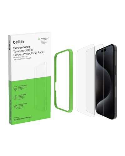 Belkin ScreenForce TemperedGlass Screen Protector for iPhone 17 + iPhone 16 Pro, Scratch-Resistant Impact Protection, Easy Align Frame for Bubble Free Application Included, 9H Hardness Tested - 2-pack
