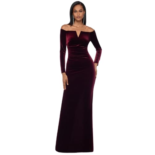 Xscape Women's Off-The-Shoulder Velvet Long Sleeve Maxi Dress with V-bar Neckline and Center Back Zipper