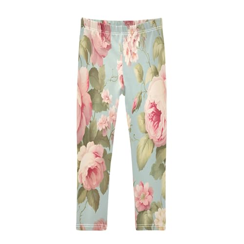 Bolaz Toddler Girls Leggings Printed Yoga Pants Leggings Peony Green Leaves for Kids