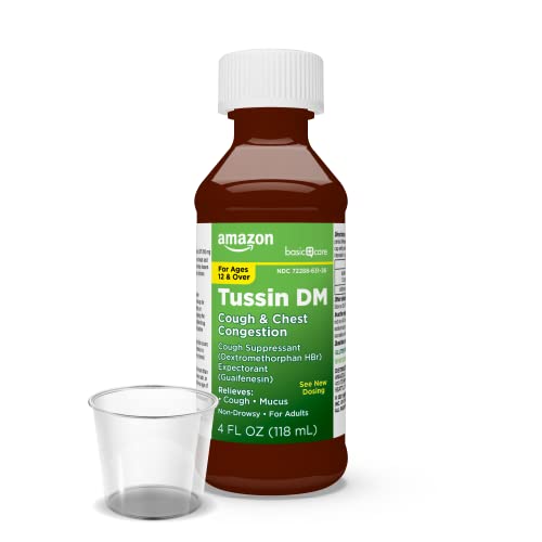 Amazon Basic Care Tussin Dm Cough & Chest Congestion Syrup, Relieves Coughing And Mucus, For Adults And Ages 12 And Over, Raspberry Flavor, 4 Fluid Ounces #TOP4