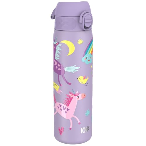 ion8 Botella Agua Inox Ligero, 600ml, Sin Aislamiento, a Prueba de Fugas, Fácil de Abrir, Aptas para Lavavajillas, Cerradura Segura, Fácil de Limpiar, en Relieve, Unicornios, Púrpura