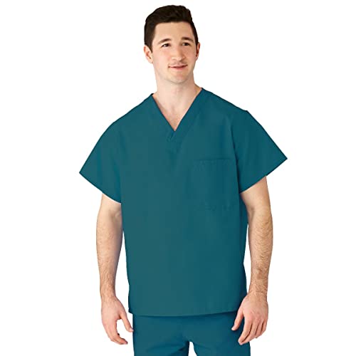 Medline AngelStat Unisex Reversible V-Neck Scrub Top with 2 Pockets, Peacock, Color Code, Small