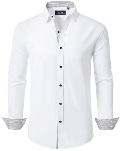 J.VER Herrenhemden Langarm Bügelfrei Stretch Business Hemd Herren Freizeithemden Modern Fit Knitterfrei Weisses Formales Musterhemd für Hochzeit Party Arbeit,Weiß,2XL