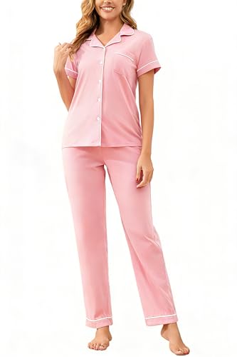 Image of 100% Cotton Pajama Sets for Women 2 Piece Long Sleeve Button Down Pjs Soft Comfy Ladies Sleepwear Lounge Sets S-XL
