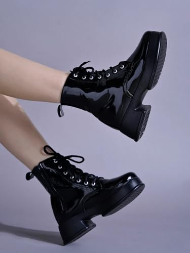 Image of Shoetopia Women's Patent Lace-Up Ankle Boots - Chunky Platform Heel Combat Style Comfortable Fashion Booties