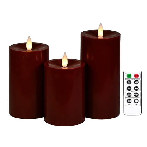 Image of Flameless Pillar Candles Flickering with Remote Timer, Battery Operated LED Candles Up to 400 Hours, 3D Moving Flame Real Wax Candles(Burgundy)