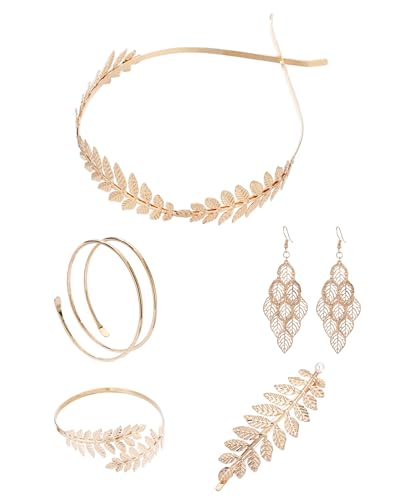 MenYiYDS 5 Pezzi Dea Greca Costume Accessori Set, Dea Greca Donna Bambina, Corona Alloro Tiara Dorata,Bracciali Foglia,Orecchini Foglia Oro Perla, Corona Alloro Tiara Dorata,per Feste di Matrimonio