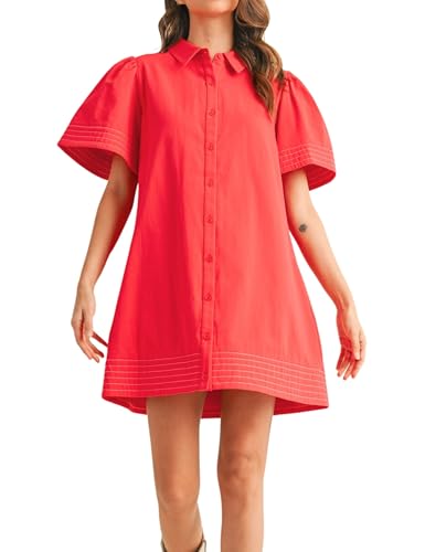 Womens Short Sleeve Button Down Mini Shirt Dress Lapel Collar Short Dresses with Pocket