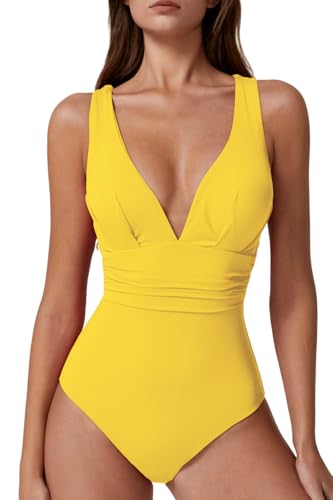 QINSEN One Piece Swimsuit for Women High Waist V Neck Bathing Suit Tummy Control Monokini Yellow M