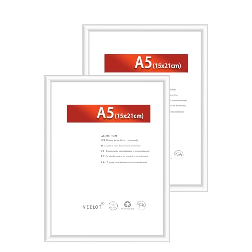 Veelot® 2x Marco de Fotos de Aluminio Metálico Plateado DIN A5 14.8x21cm,Plata Marco 15x21cm Para Fotos, Dibujos, Diplomas y Pósteres, Uso Vertical u Horizontal
