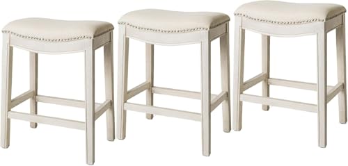 Image of Maven Lane Adrien Backless Counter Stool - Set of 3 - 26 Inches - Saddle Stool with Footrest - Cream Solid Wood Frame & Cream Fabric Upholstery - Perfect for Kitchen Islands & Counters