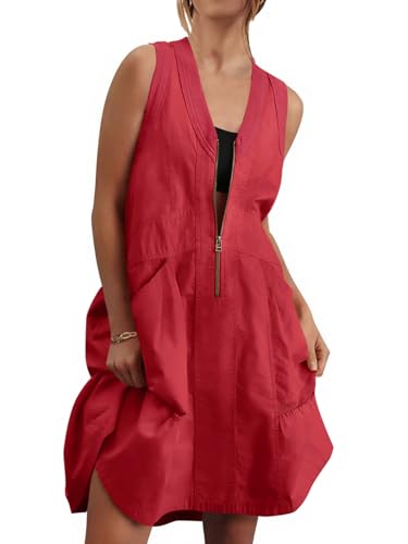 Fisoew Women's Sleeveless Tank Mini Dress Casual Half Zip V Neck Loose Mesh Back Utility Summer Dresses with Pockets