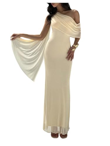 GORGLITTER Women's Mesh One Shoulder Bodycon Maxi Dresses Elegant Summer Cocktail Tea Party Vegas Sundress with Shrugs