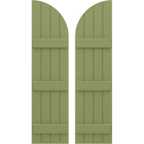 14"W x 76"H Americraft Four Board (3 Batten) Joined Exterior Real Wood Joined Board-n-Batten Shutters w/Arch Top (Per Pair), Moss Green