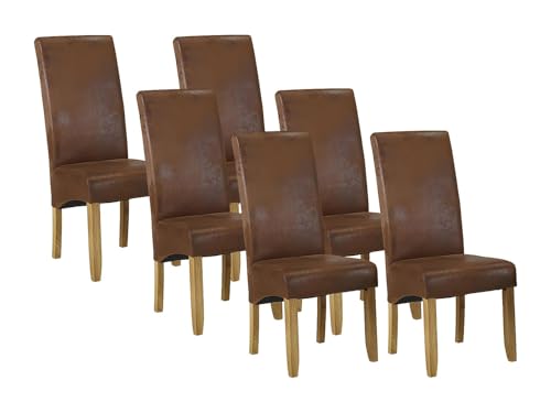 Vente-unique - Lot de 6 chaises Santos - Microfibre Aspect Cuir Vieilli - Pieds Bois Clair - Salle à Manger