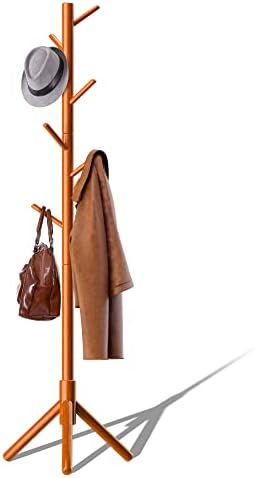 YOFU Coat Rack, Wooden Coat Rack Freestanding Easy Assembly, 8 Hooks-3 Height Adjustable Size, Coat Tree for Clothes, Hat, Bags,Coat Rack Stand for Home, Office, Hallway, Entryway(Honey Color)