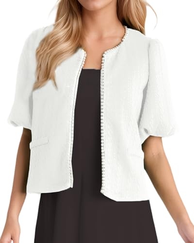 Kedera Puff Short Sleeve Tweed Jacket Women Cropped Jackets Summer Open Front Elegant Trimmed Cardigans with Pearls