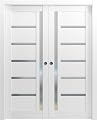SARTODOORS French Double Pocket Doors 72 x 84 with Frames | Quadro 4088 White Silk with Frosted Opaque Glass | Kit Trims Rail Hardware | Solid Wood Interior Pantry Kitchen Bedroom Sliding Closet Door